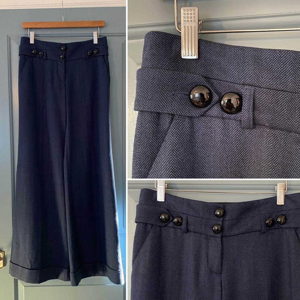Anthropologie Taikonhu  Navy Blue Wool Wide Leg Trouser Pants Size 2